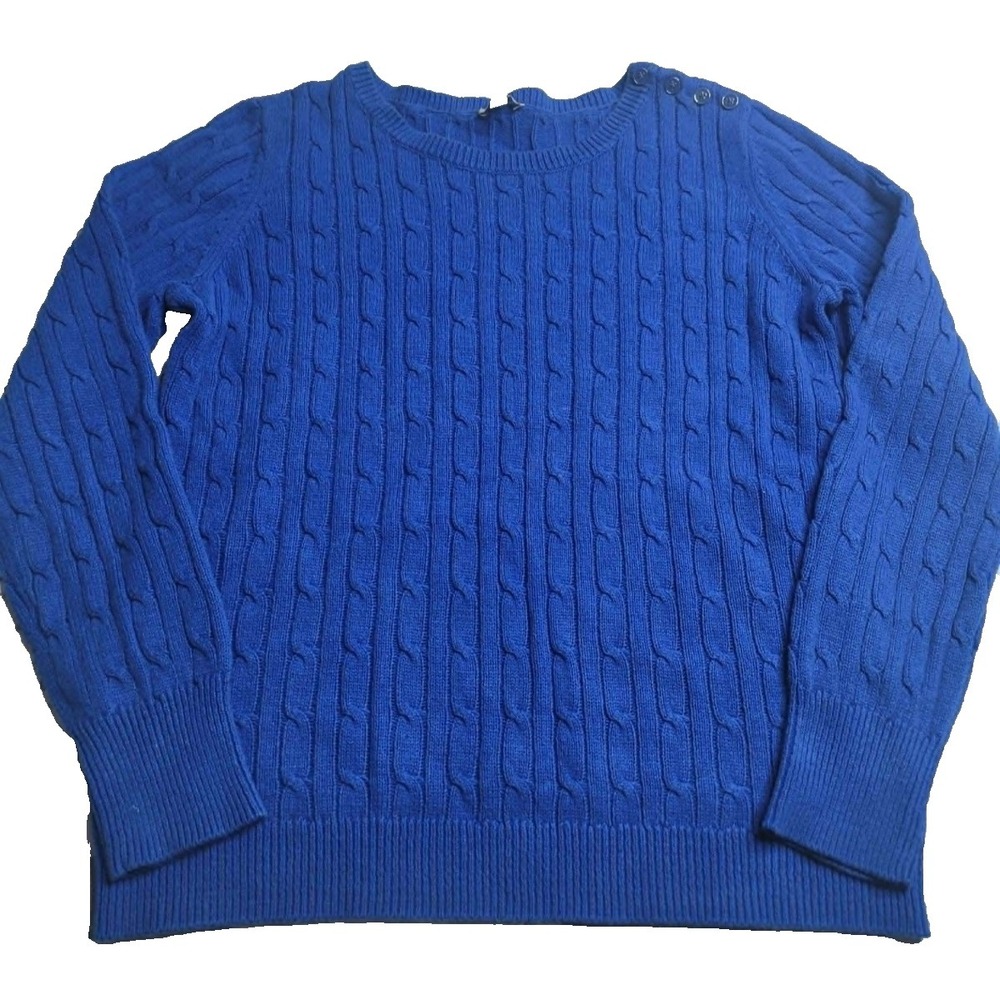 Talbots Blue Cable Knit Sweater with Button Detail Women's Medium 100% Cotton‎